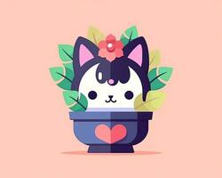 un illustration de une chat dans une pot avec fleurs génératif ai photo