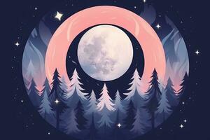 un illustration de une plein lune dans le ciel avec des arbres dans le Contexte génératif ai photo