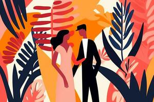 un illustration de une homme et femme permanent dans de face de tropical les plantes génératif ai photo