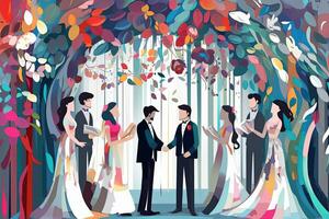 un illustration de une mariage la cérémonie avec gens permanent dans de face de une arbre génératif ai photo