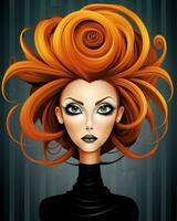 un illustration de une femme avec Orange cheveux et vert yeux génératif ai photo