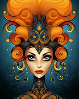 un illustration de une femme avec Orange cheveux et bleu yeux génératif ai photo