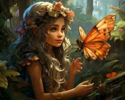 un illustration de une Jeune fille en portant une papillon génératif ai photo