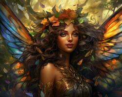 un image de une magnifique femme avec coloré ailes génératif ai photo