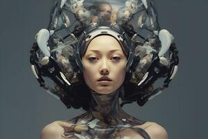 un image de une femme avec une robot tête sur sa tête génératif ai photo