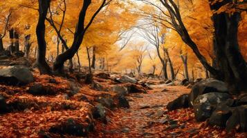 un image de un l'automne forêt avec feuilles sur le sol génératif ai photo