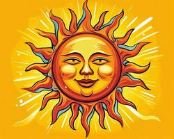 le Soleil est souriant dans une dessin animé style sur un Orange Contexte génératif ai photo