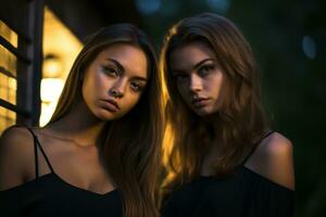 deux magnifique Jeune femmes posant pour le caméra génératif ai photo