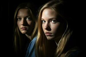 deux Jeune femmes à la recherche à le caméra dans le foncé génératif ai photo