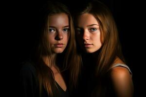 deux Jeune femmes avec longue cheveux et bleu yeux génératif ai photo