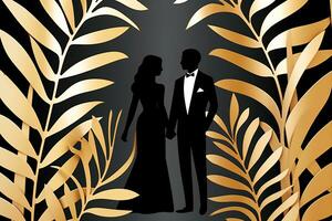 mariage carte avec une silhouette de une homme et femme permanent dans de face de d'or feuilles génératif ai photo