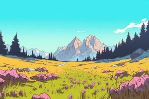 colorisé dessin de une campagne fleur Prairie génératif ai photo