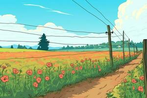 colorisé dessin de une campagne fleur Prairie génératif ai photo