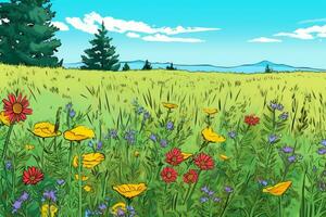 colorisé dessin de une campagne fleur Prairie génératif ai photo