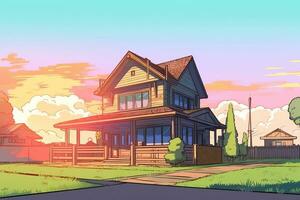 colorisé dessin de une été de banlieue maison génératif ai photo
