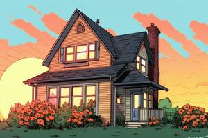 colorisé dessin de une été de banlieue maison génératif ai photo