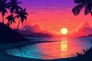 colorisé dessin de une tropical crépuscule plage génératif ai photo