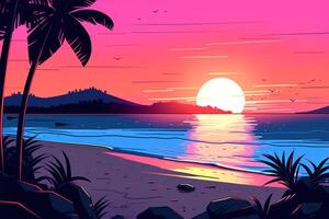 colorisé dessin de une tropical crépuscule plage génératif ai photo