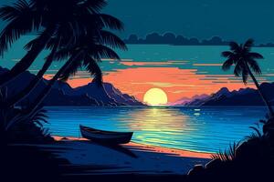 colorisé dessin de une tropical crépuscule plage génératif ai photo
