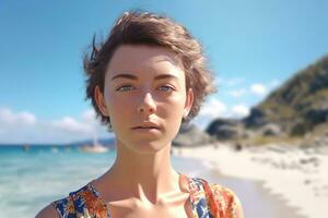hyper réaliste 3d rendre de un attrayant femelle sur une été plage génératif ai photo