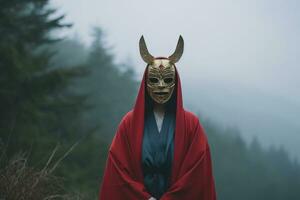 masqué mystérieux femme dans une forêt génératif ai photo