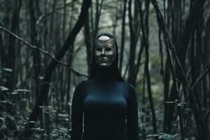 masqué mystérieux femme dans une forêt génératif ai photo