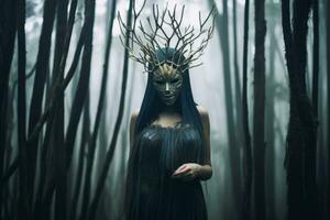 masqué mystérieux femme dans une forêt génératif ai photo