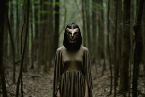 masqué mystérieux femme dans une forêt génératif ai photo