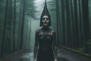 masqué mystérieux femme dans une forêt génératif ai photo