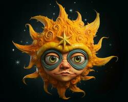 une 3d illustration de un Orange Soleil avec bleu yeux génératif ai photo