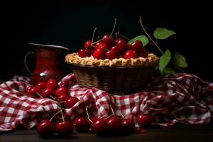 une panier plein de cerises est assis sur une table génératif ai photo