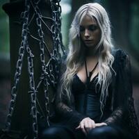 une magnifique blond femme dans une noir robe séance sur une chaîne dans le les bois génératif ai photo
