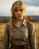une magnifique blond femme dans une marron chemise et marron ceinture dans le milieu de une champ génératif ai photo