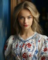 une magnifique blond femme dans une floral robe permanent dans de face de une bleu mur génératif ai photo