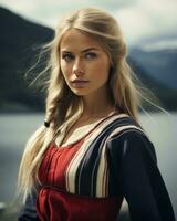 une magnifique blond femme dans une traditionnel norvégien robe génératif ai photo