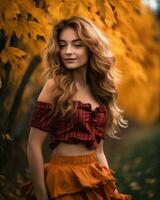 une magnifique blond femme dans un Orange jupe avec feuilles dans le Contexte génératif ai photo