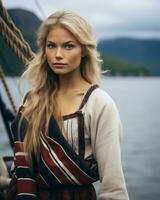 une magnifique blond femme dans traditionnel Vêtements permanent sur le plate-forme de une bateau génératif ai photo