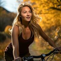 une magnifique blond femme équitation une bicyclette dans le tomber génératif ai photo