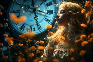 une magnifique blond femme est entouré par fleurs et un vieux l'horloge génératif ai photo