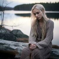 une magnifique blond femme séance sur une Journal par une Lac génératif ai photo