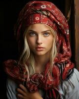 une magnifique blond femme portant une rouge écharpe génératif ai photo