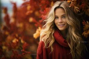 une magnifique blond femme avec longue cheveux est souriant dans de face de l'automne feuilles génératif ai photo