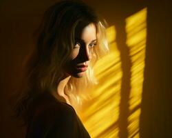 une magnifique blond femme avec longue cheveux dans de face de une Jaune lumière génératif ai photo