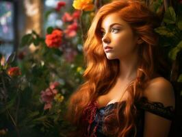 une magnifique rouge aux cheveux femme avec fleurs dans sa cheveux génératif ai photo