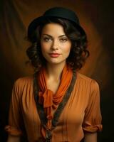 une magnifique femme dans une chapeau et Orange écharpe génératif ai photo
