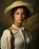 une magnifique femme dans une chapeau et blanc robe génératif ai photo