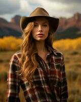 une magnifique femme dans une plaid chemise et cow-boy chapeau génératif ai photo