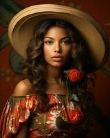 une magnifique femme dans une sombrero et floral robe en portant une Rose génératif ai photo