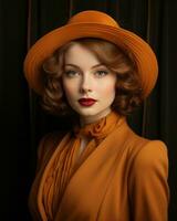 une magnifique femme dans un Orange robe et chapeau génératif ai photo