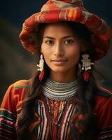 une magnifique femme dans traditionnel Vêtements avec une chapeau et des boucles d'oreilles génératif ai photo